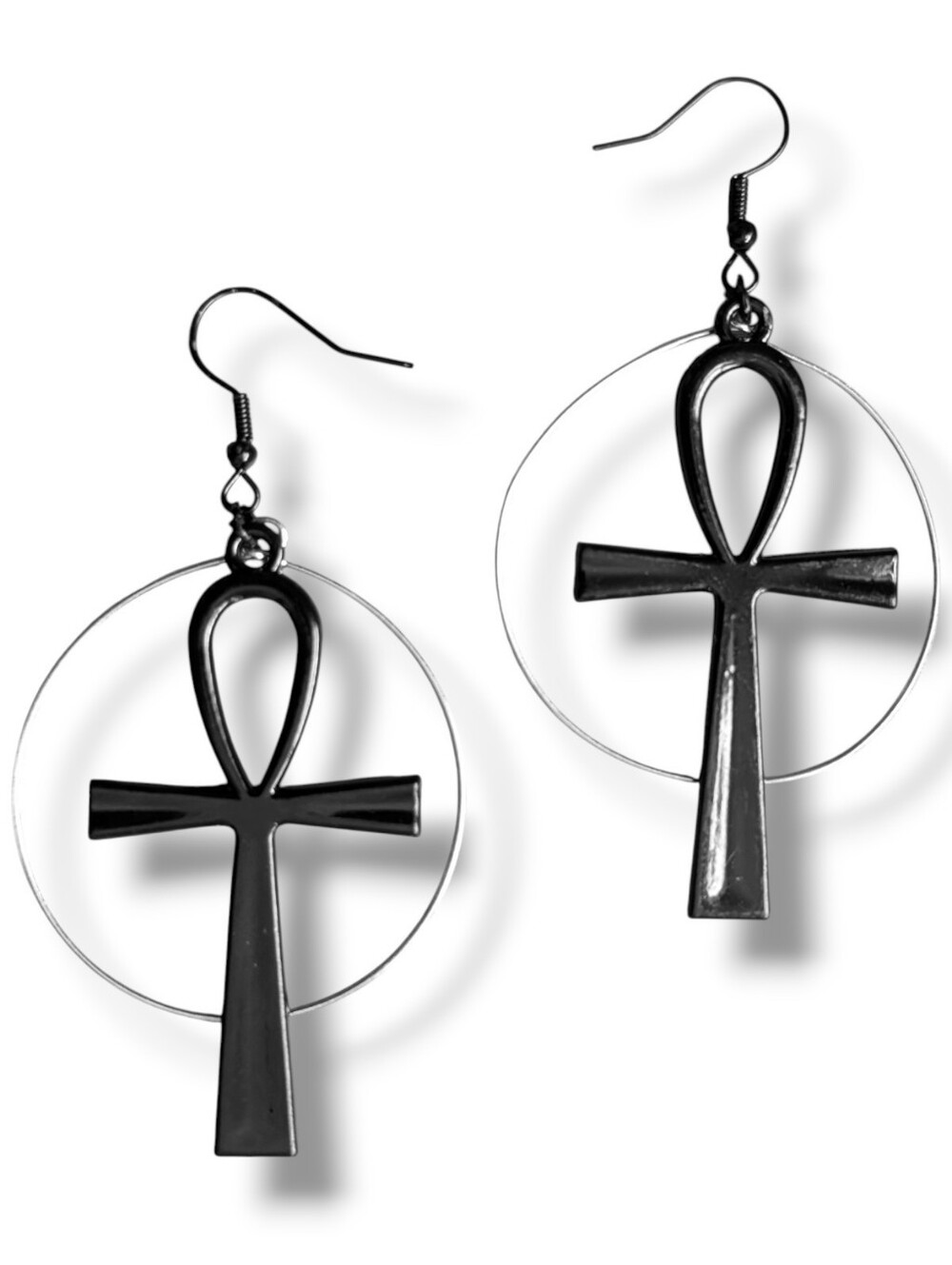 NWT Handmade Chunky Black Ankh Silver Hoop Layered Earrings